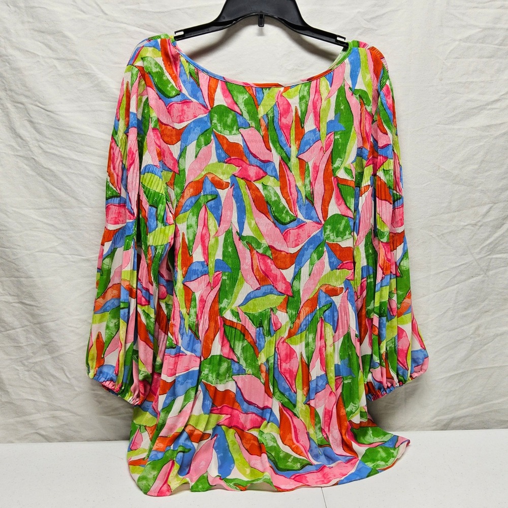 Floral & Ivy Blouse Womens 2X Multicolor Abstract Leaf Plisse Long Sleeve Scoop - Picture 4 of 6